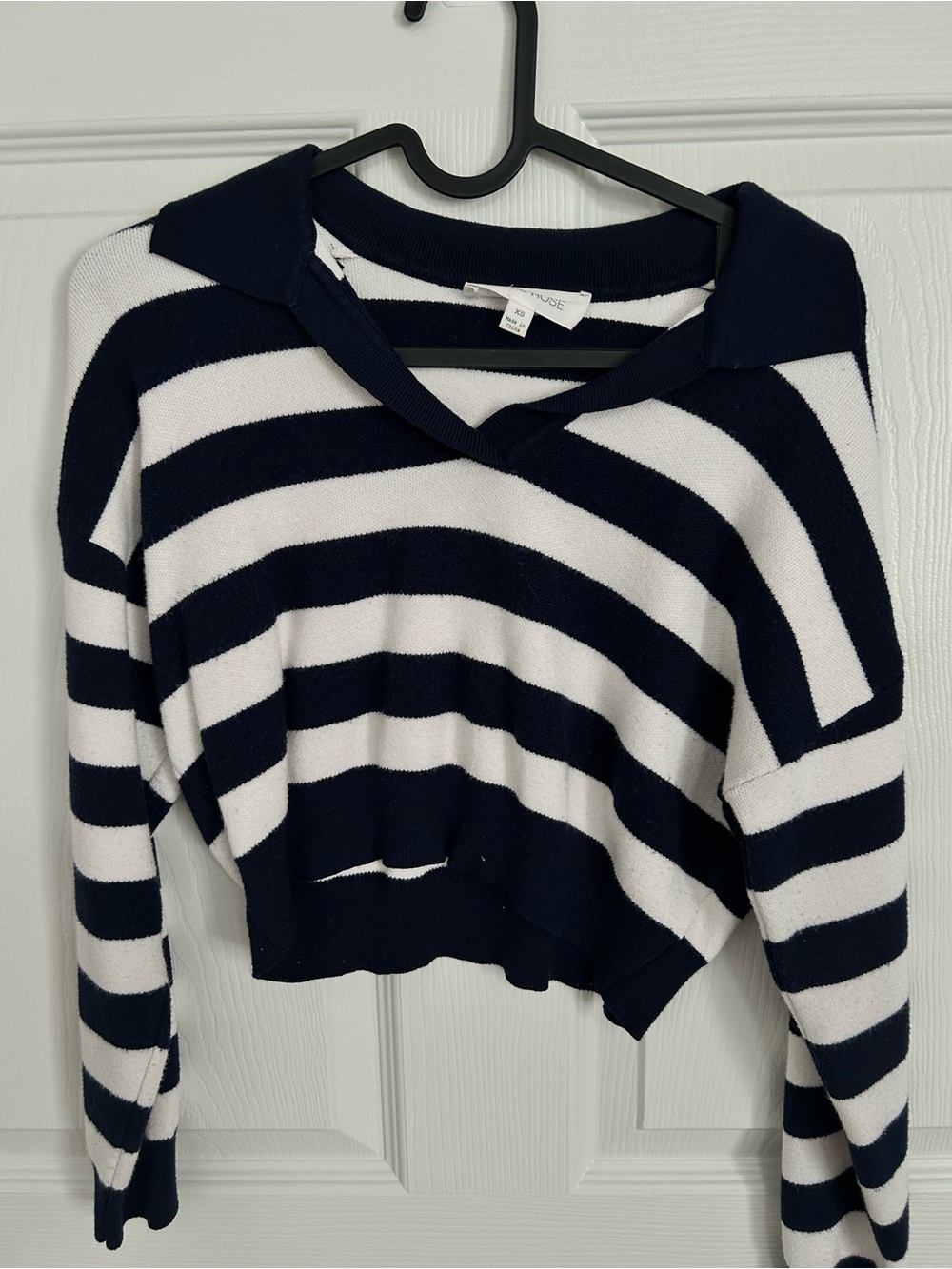 Striped Polo Crop Sweater - White & Navy